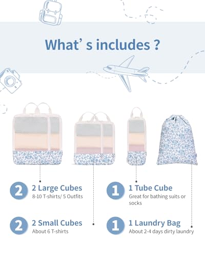 Narwey Compression Packing Cubes for Travel, Cute Luggage Organizer Bags - color: Y-Blue Flower