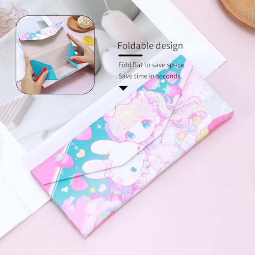 Foldable Glasses Case, Magnetic PU Leahter Sunglasses Case, Cute Hard Shell Folding Eyeglass Cases for Women Kids - color: Pink Bunny Girl