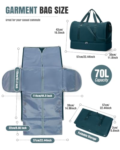 Garment Duffle Bag for Travel, Convertible Duffel Bag with Shoe Compartment - color: Peacock Blue