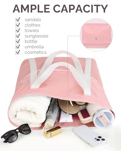 HOMESPON Beach Bag Large Waterproof Sandproof Tote for Women with Zipper and Mesh Pockets | 2 Sizes up to 41L, Wet-Dry Separation, Inner Security Pocket, Pool Cruise Yacht & Spa - color: Pink, size: Medium