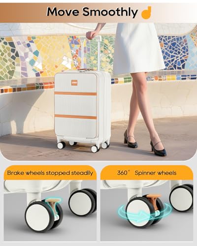 Joyway 20 Inch Carry On Luggage with Front Pocket and Cup Holder, White - color: Beige