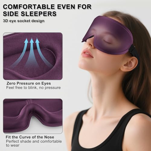 2 Pack Sleep Mask for Side Sleeper, Complete Light Blocking 3D Sleeping Eye Mask, Soft Breathable Eye Cover for Women Men, Travel, Nap, Relaxing Zero Pressure Night Blindfold (Black+Purple) - color: Black+purple