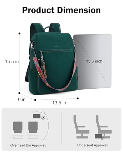 FADEON Leather Laptop Backpack for Women, 15.6 inch, Travel Work Bag - color: 2 Dark Green Nubuck Style