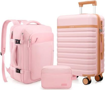 UKEIN Luggage Sets 3 Piece, 28in Checked Luggage With Travel Backpack - color: Pink, size: 3 piece set (28inch)