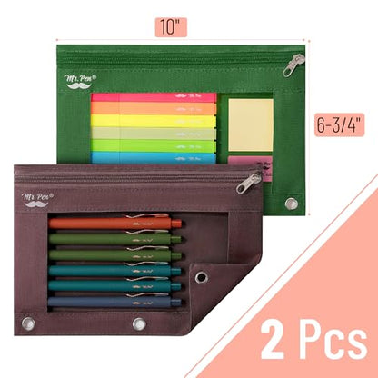 Mr. Pen- Pencil Pouch for 3 Ring Binder, 2 Pack, 10"x6.75", Smooth Zipper - color: Dark Green and Brown, size: 2 Pack