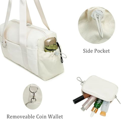 Everyday Mini Gym Bag for Women 2.0, Small Tote with Zipper Compartment Waterproof Travel Duffle Cute Handbag Workout Carry On with Removeable Shoulder Strap & Coin Wallet Easy to Clean - Beige - color: Beige