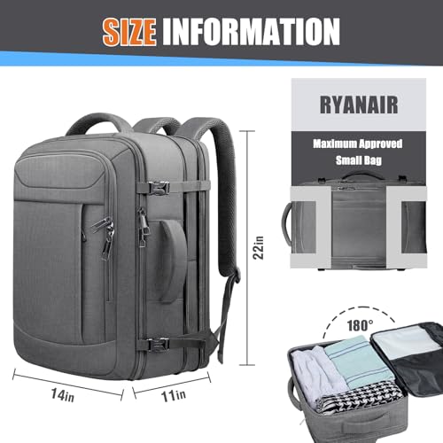 55L Travel Backpack, Carry On Backpack Fits 18.4-19" Laptop, Grey - color: Grey, size: 18.4 inch (22"x14"x10")