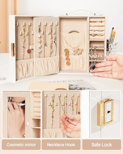 Enthralite Portable Travel Jewelry Case: Jewelry Box with Lock and Mirror - color: White