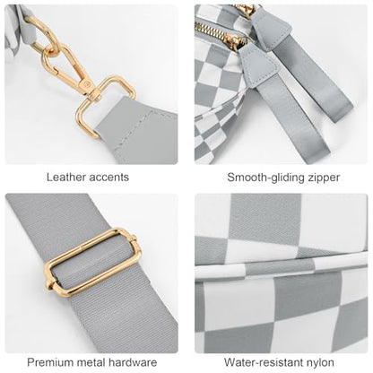 Checkered Crossbody Bags for Women, Large Nylon Bum Bags - color: Light Grey Checkered