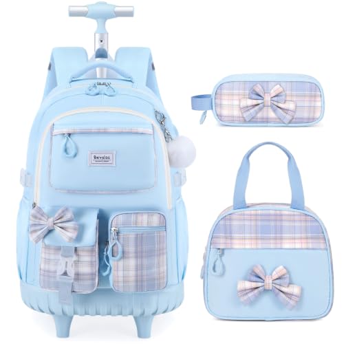 Bevalsa Rolling Backpack for Girls, Roller Backpack with Wheels | Cute Bow Plaid Wheeled School Bookbag Set with Lunch Bag & Pen Case, Suitcases for Kids Teens Elementary Middle Student - color: Blue Plaid