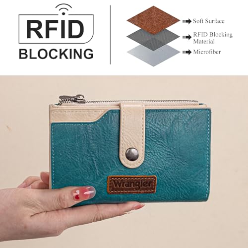 Wrangler Wallet for Women Bifold Card Holder with Zipper and ID Window - color: Tan-Turquoise