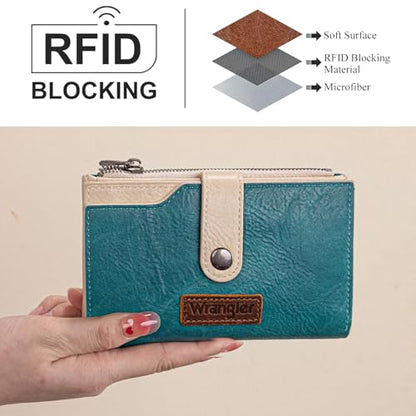 Wrangler Wallet for Women Bifold Card Holder with Zipper and ID Window - color: Tan-Turquoise