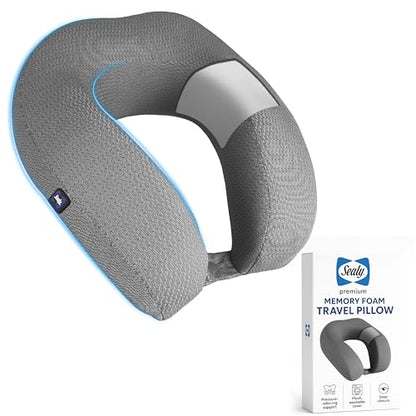 Sealy Ergonomic Memory Foam Travel Neck Pillow - Premium Cervical Neck Pillow for Airplanes, Designed for Comfort, Adaptive Ergonomic Support, Travel Essentials, Grey