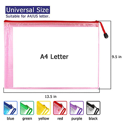 6 Pack Mesh Zipper Pouch Bags, Waterproof Zipper Pouch A4 Size - color: Colorful