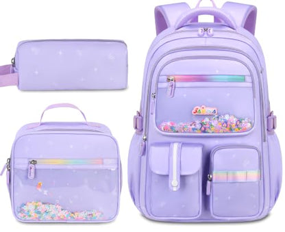 Girls Backpack Set 3PCS Ages 6-12, Kids School Backpack - color: Purple Sequin