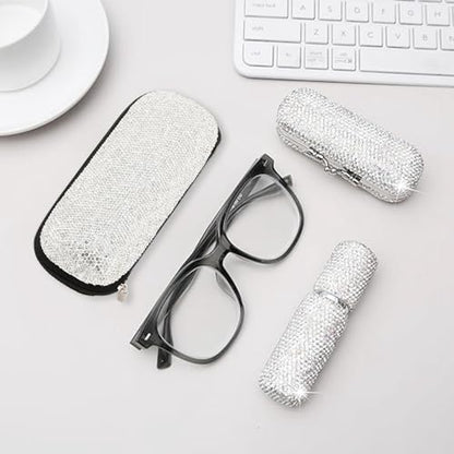 Sparkly Rhinestone Eyeglasses Case Bling Diamond Hard Shell Eyeglasses Protective Cases for Sunglasses - color: Zipper-white