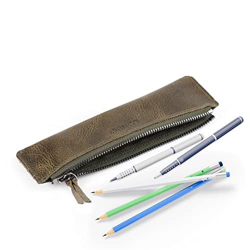 Londo Top Grain Leather Pen Case with Zipper Closure, Pencil Pouch Stationery Bag - color: Green