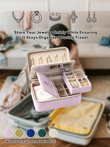 Velvet Travel Jewelry Organizer Case with Large Mirror for Women - color: Lavender