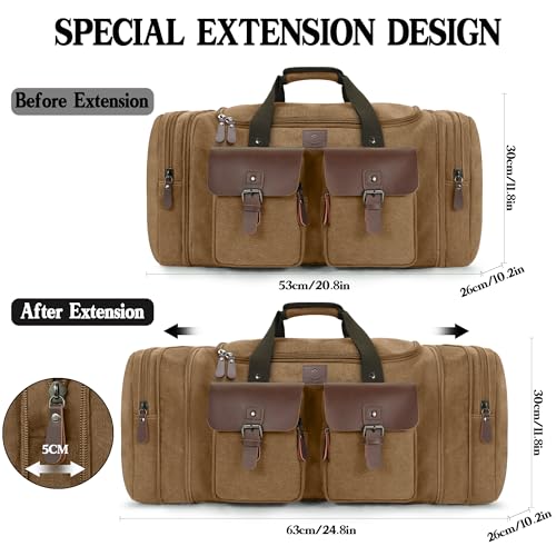 Canvas Duffle Bag for Men - 50L Expandable Travel Duffel Bags - color: Coffee, size: Large-50L