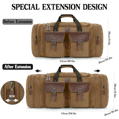 Canvas Duffle Bag for Men - 50L Expandable Travel Duffel Bags - color: Coffee, size: Large-50L