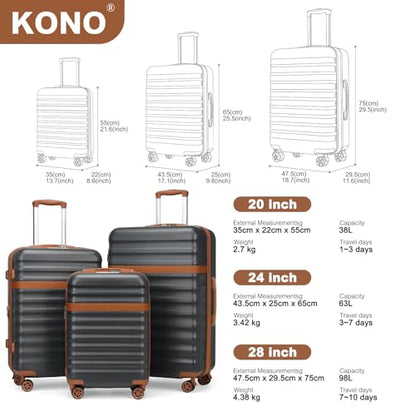 Kono Checked Luggage 24in Expandable Spinner TSA Lock ABS+PC Grey - color: Grey/Brown, size: Checked-medium 24-inch
