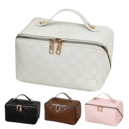 Large Capacity Makeup Bag Portable Travel Cosmetic Bag for Women Girls Gift Makeup Pouch Portable Zipper Bag (White Checkered - upgrade) - color: White Checkered - upgrade