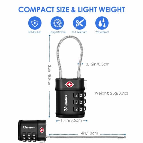 2 Pack TSA Approved Luggage Cable Locks, 3 Digit Combination Travel Padlocks, Lightweight Resettable Code Padlock, Ultra-Secure Lock for Suitcase, Toolbox, Backpack, Gun Case, Gym Locker-Black