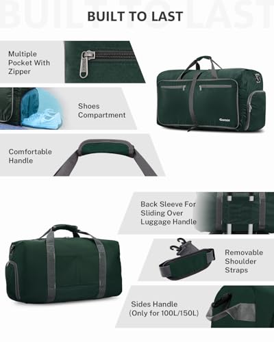 Gonex 150L Foldable Travel Duffle Bag with Shoe Compartment, Lightweight - color: Blackish Green, size: 150L