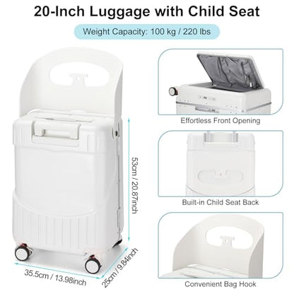 20" Kids Ride on Suitcase with Seat Aluminum Frame, White - color: White