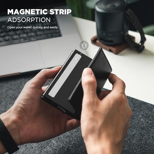 VULKIT Pop up Card Wallet Minimalist Cash Wallets RFID Blocking Leather Smart Credit Card Holder with ID window for Men - color: Top-Grain Cowhide Black