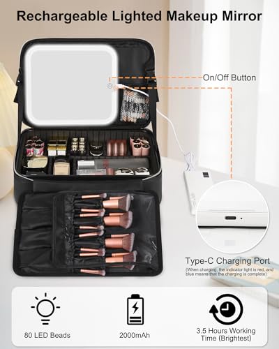 Chomeiu Makeup Bag with LED Mirror, Travel Cosmetic Bag with Shoulder Strap - color: 01-Black, size: Medium