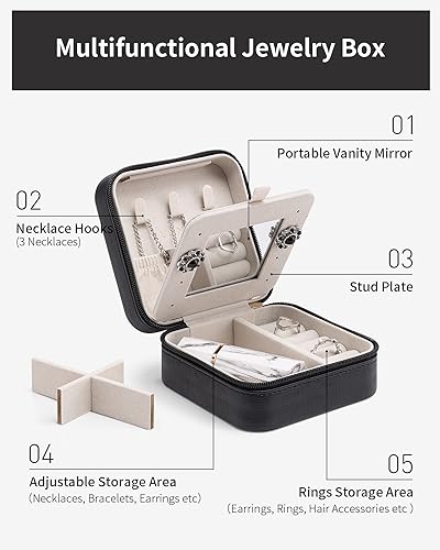 VLANDO Travel Jewelry Case with Mirror, Storage 3 Pairs of Stud Earrings - color: D.Black - Mirror