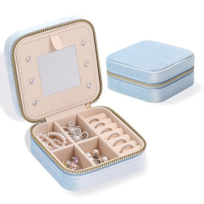 Plush Velvet Travel Jewelry Case Organizer Portable Storage Box - color: Light Blue