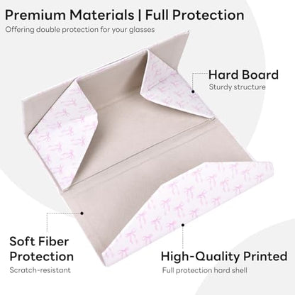 Sunglasses Case, Foldable Glasses Case, Magnetic PU Leather Hard Shell Folding Eyeglass Holder Box - color: Pink Bow
