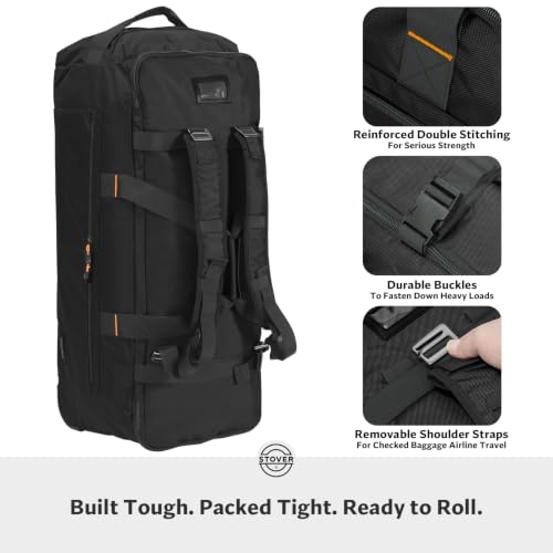 STOVER 100L U-Zip Rolling Duffel Bag with Wheels, X-Large Durable Travel Duffle + Toiletry Bag, Lay-Flat Opening, Packable with Shoulder Straps - Use as Luggage or Backpack, Men/Women (Black) - color: U-Zip Expedition Black