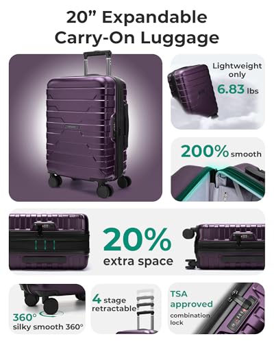 BAGSMART Carry-On Luggage 20" Expandable Spinner 22x14x9,Purple - color: Purple