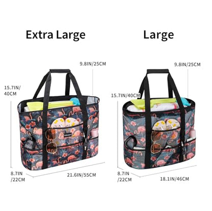 KABAQOO Mesh Beach Bag, Extra Large Beach Bags with 9 Pockets & Zipper Waterproof Lightweight Beach Tote for Beach/Pool Trip - color: Flamingo - Black, size: X-Large
