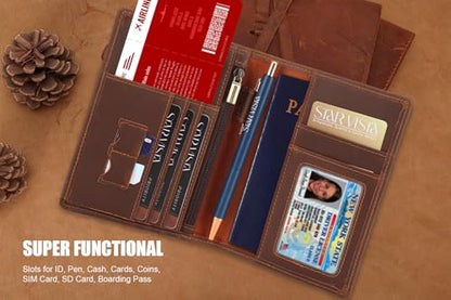 STAR VISTA Phoenix Leather Passport Holder, Full Grain Leather Travel Wallet- Slim, Bifold, RFID Blocking, ID Window, Coin Pocket, Card Slots, SIM Slots - color: Brown B