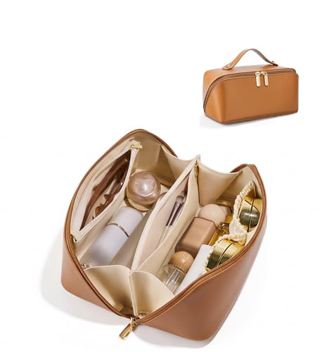 ALEXTINA Travel Makeup Bag, PU Leather Cosmetic Bag, Brown - color: smooth brown, size: Medium