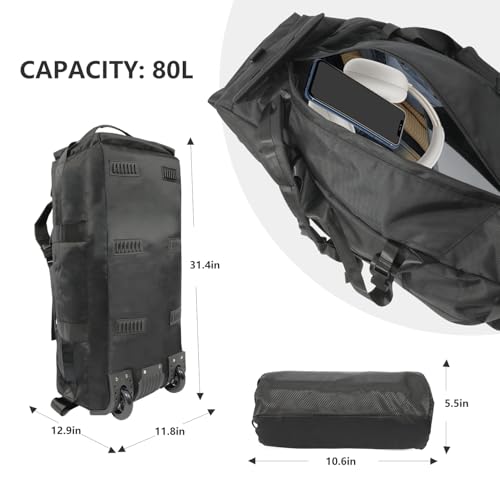 80L Rolling Travel Duffle Bag with Wheels, Black - color: Black