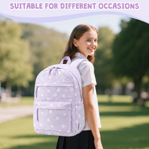 Quilted Backpack for Girls with Lunch Box Pencil Case - color: Purple Flowers