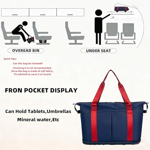 Travel Rolling Duffel Bag with Removable Wheels,Expandable Foldable Carry-On Luggage for Trip or Hospitalization - color: Red&Navy Blue