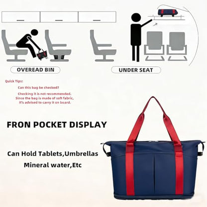 Travel Rolling Duffel Bag with Removable Wheels,Expandable Foldable Carry-On Luggage for Trip or Hospitalization - color: Red&Navy Blue