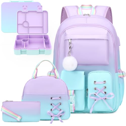 Scothen 4Pcs Backpacks for Girls with 44oz Lunch Box & Lunch Bag - color: Purple Blue