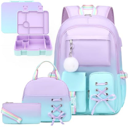 Scothen 4Pcs Backpacks for Girls with 44oz Lunch Box & Lunch Bag - color: Purple Blue