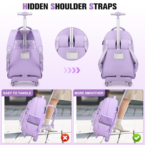 ACESAK 3PCS Rolling Backpack for Girls Children, Girls Backpack with Wheels - color: Purple