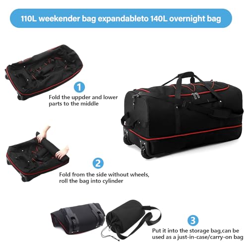 Vomgomfom Wheeled Collapsible Duffel Bag 110L-140L Expandable,Black-red - color: Black-red