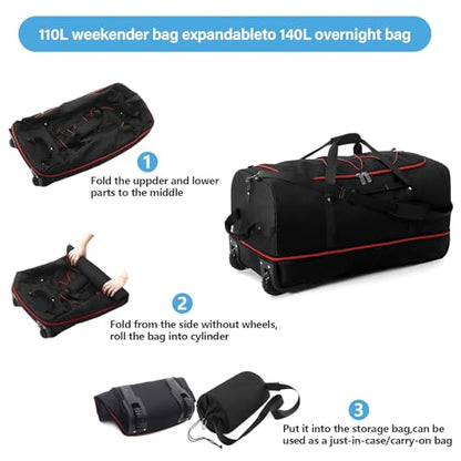Vomgomfom Wheeled Collapsible Duffel Bag 110L-140L Expandable,Black-red - color: Black-red