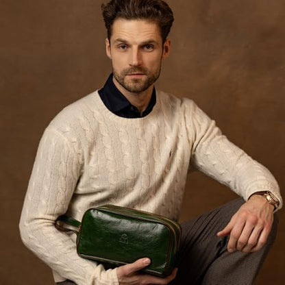 Time Resistance Leather Cosmetic Bag - Italian Toiletry Dopp Kit (Green) - color: Green