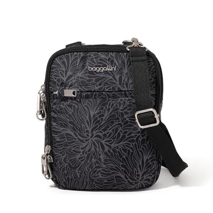 Baggallini Securtex® Anti-theft Mini Everything Crossbody Bag, 6.3"x8.25" Rfid, Locking Zippers & Cut-resistant Strap - color: Midnight Blossom Print
